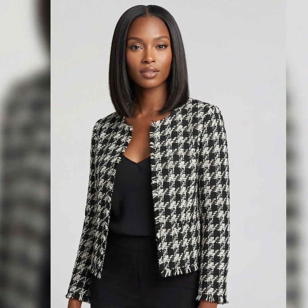 Joie Black & Cream Tweed Houndstooth Fringe Jacket | Size Large